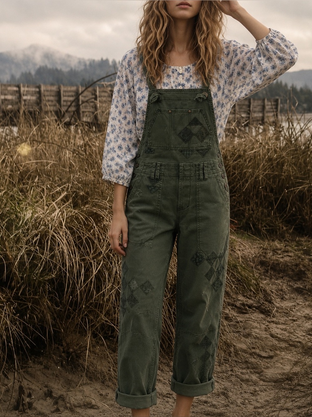 Pilcro Wanderer Patchwork Overalls Green Utility Bib Size 25 Anthropologie Boho - Picture 4 of 16